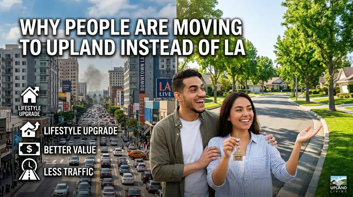 Graphic comparing downtown Los Angeles traffic and density with a quiet tree-lined Upland neighborhood, showing why people are moving to Upland for better value, less traffic, and a lifestyle upgrade.