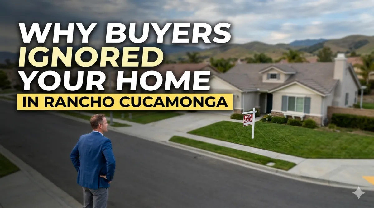 YouTube thumbnail showing a man looking at a for-sale home in Rancho Cucamonga with bold headline text about why buyers ignored the property.