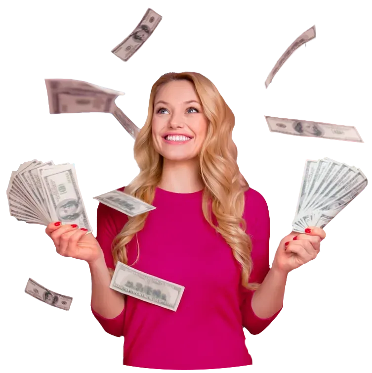 Successful woman with cash raining down.