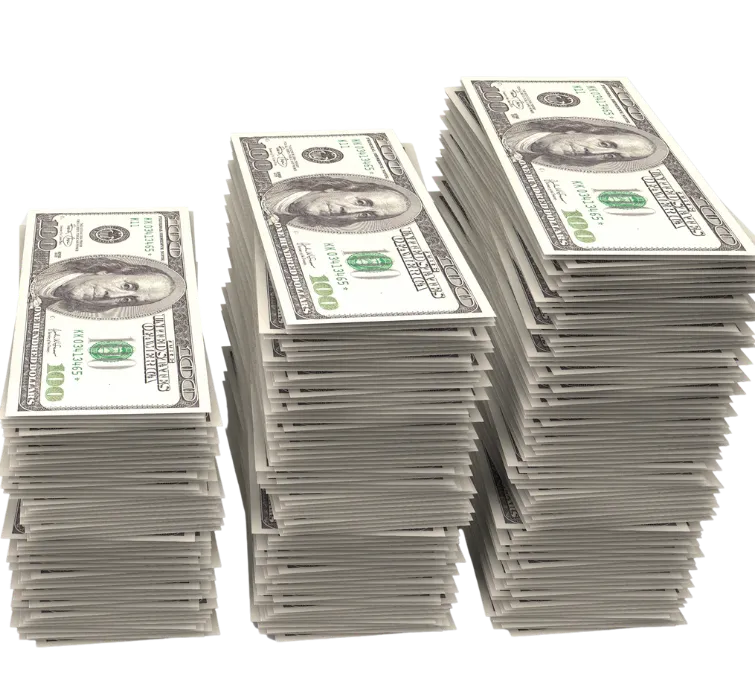 Successful woman with cash raining down.