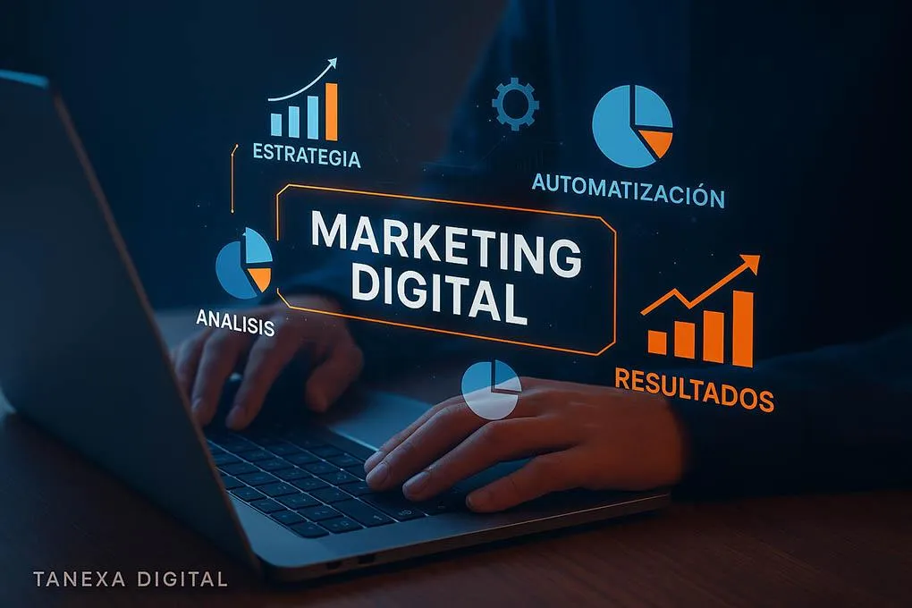 Manos tecleando en una laptop palabras flotanto como Digital Marketing, analisis y estrategia