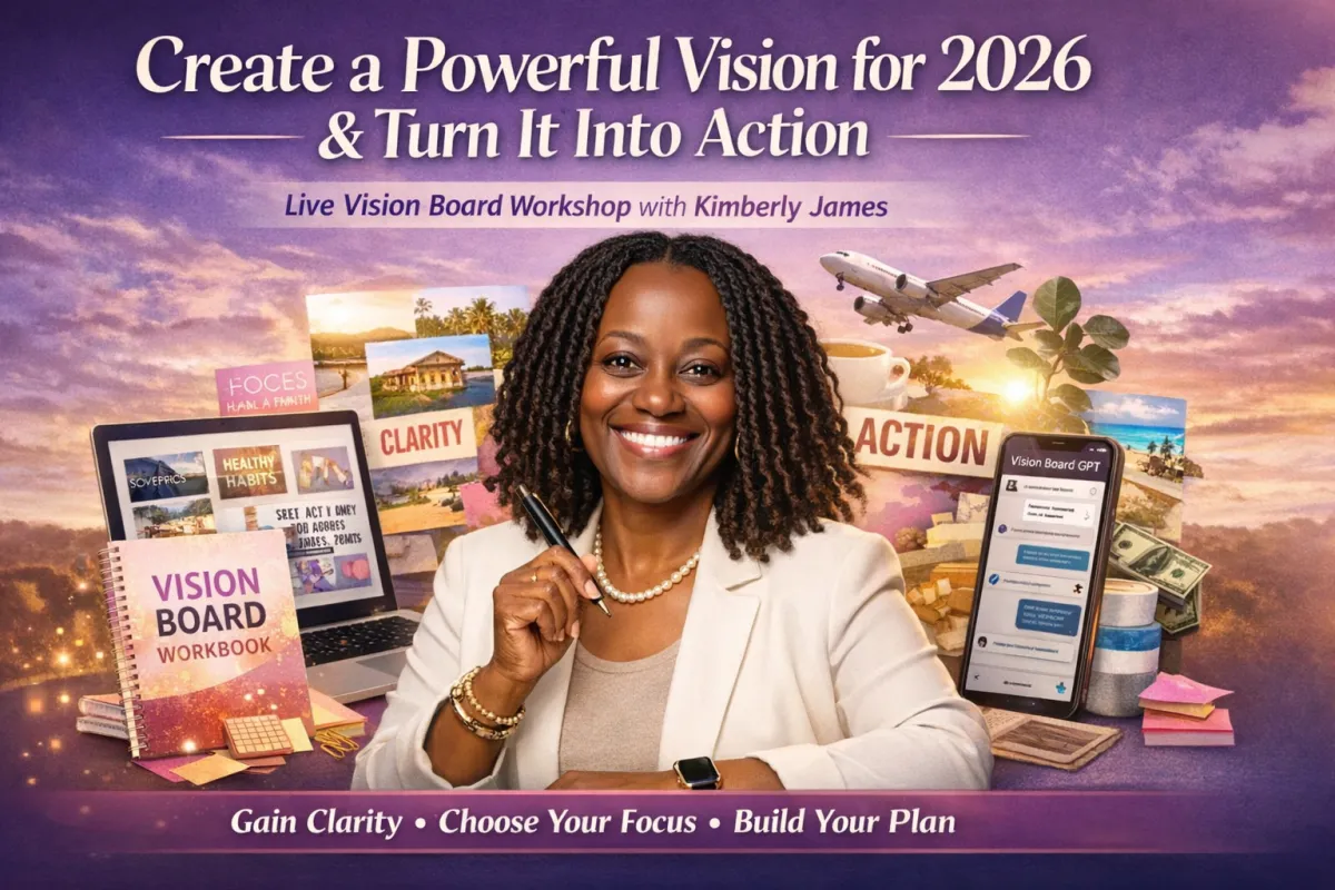 A diverse group of women entrepreneurs and creatives, ages 25-45, gathered virtually on laptops and tablets, each smiling and holding up vision boards with gold accents. The background is softly blurred, with warm neutral tones and gentle sunlight, evoking empowerment and connection.