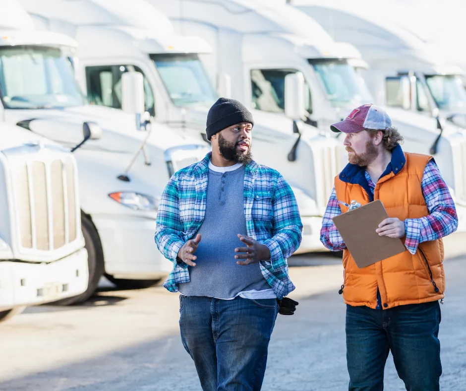 Two RLC truck drivers reviewing a clipboard behind RLC-branded trucks, ensuring accurate logistics and on-time freight delivery.