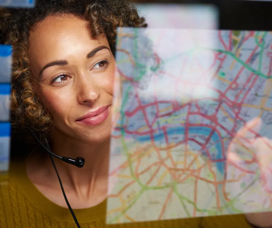 RLC logistics coordinator wearing a headset, monitoring freight shipments on a digital map for efficient nationwide delivery.