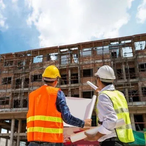 Builders and developers reviewing construction plans at building site