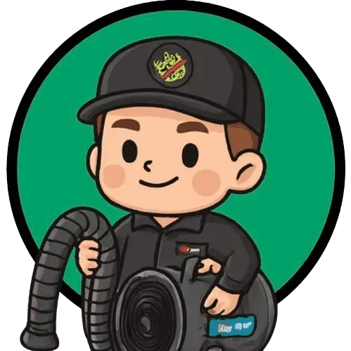 Cartoon mould technician holding air scrubber equipment for restoration services