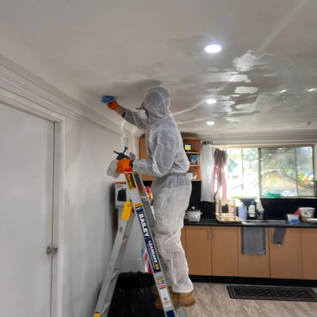 Technician in full protective gear treating mould-affected ceiling and walls inside a residential home