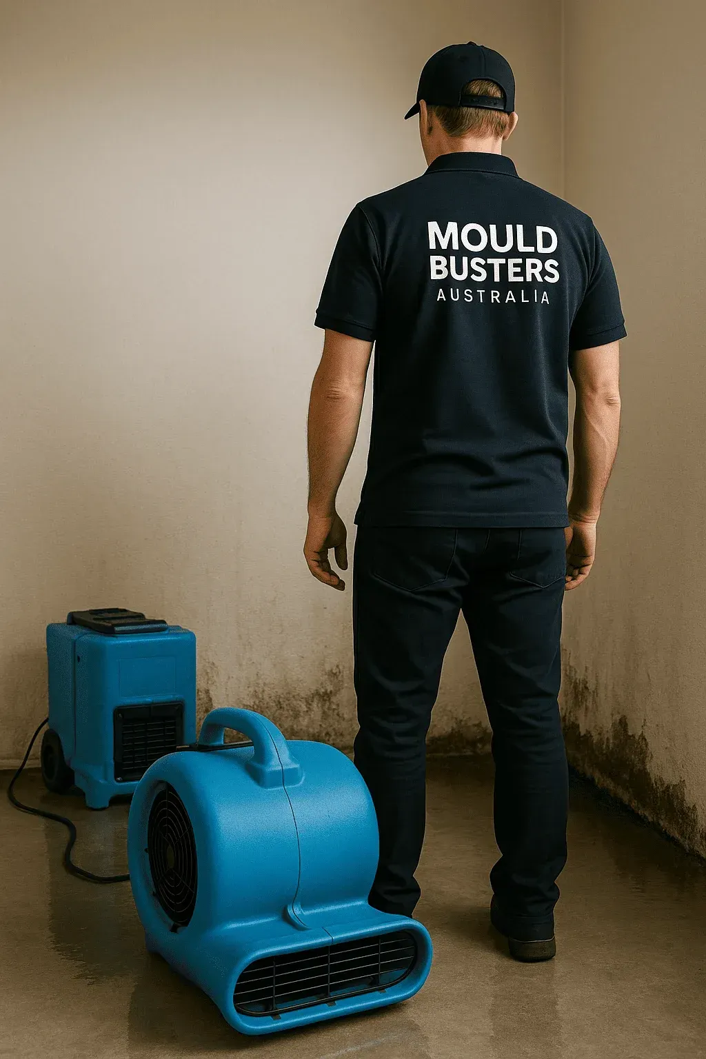 Technician using professional drying equipment in a water-damaged room with visible mould on walls