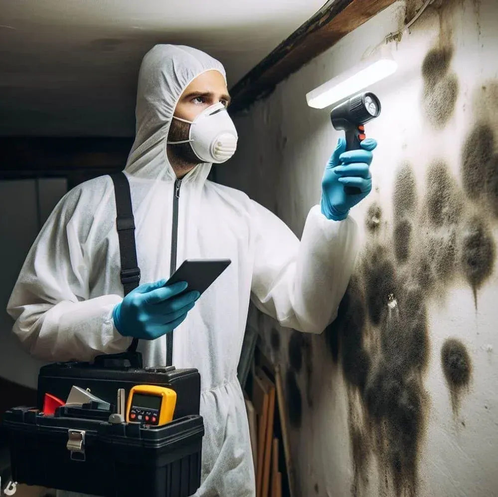 Technician inspecting heavy mould growth on wall using moisture detection tools.