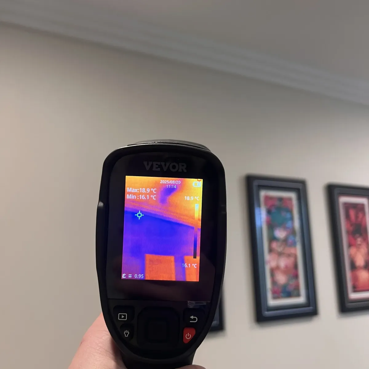 Moisture meter showing high readings during leak detection on interior wall