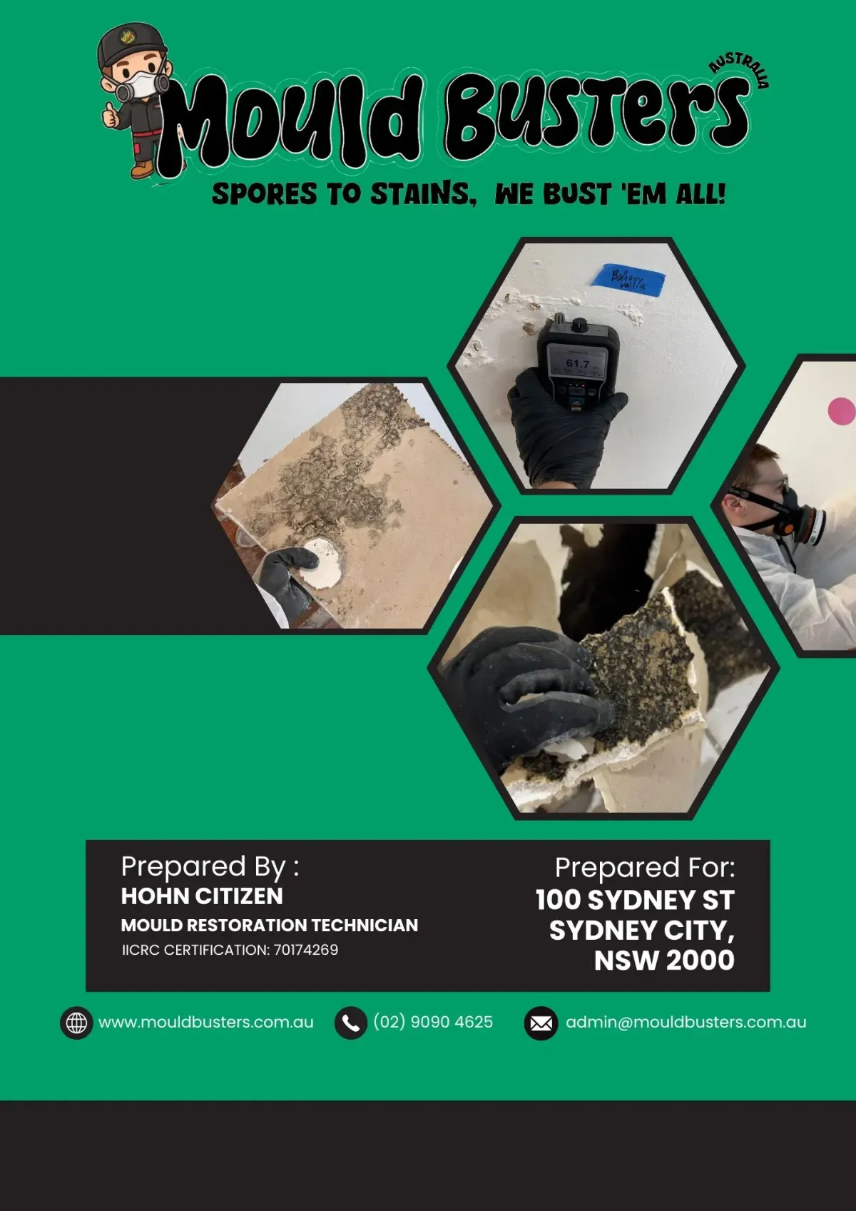 Technician inspecting heavy mould growth on wall using moisture detection tools.