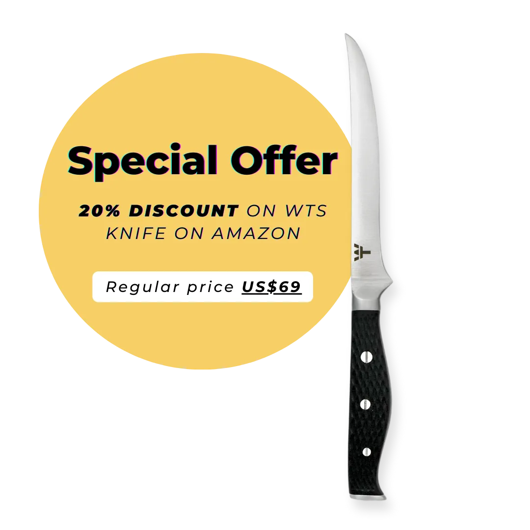 White Tip premium filleting knife with textured G10 handle, special offer 10% discount on Amazon, regular price US$69, professional fishing knife with stainless steel blade and yellow promotional circle