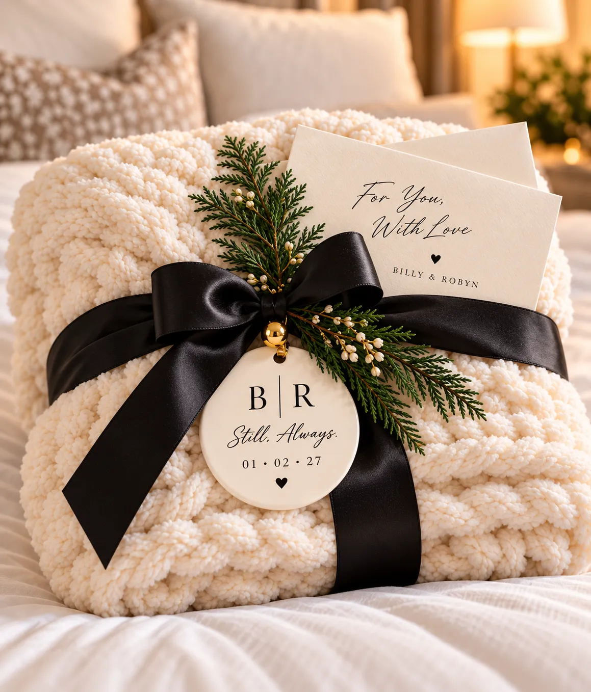 Editorial presentation of artisanal gift wrapping with handmade paper, linen twine, and neutral ceramics