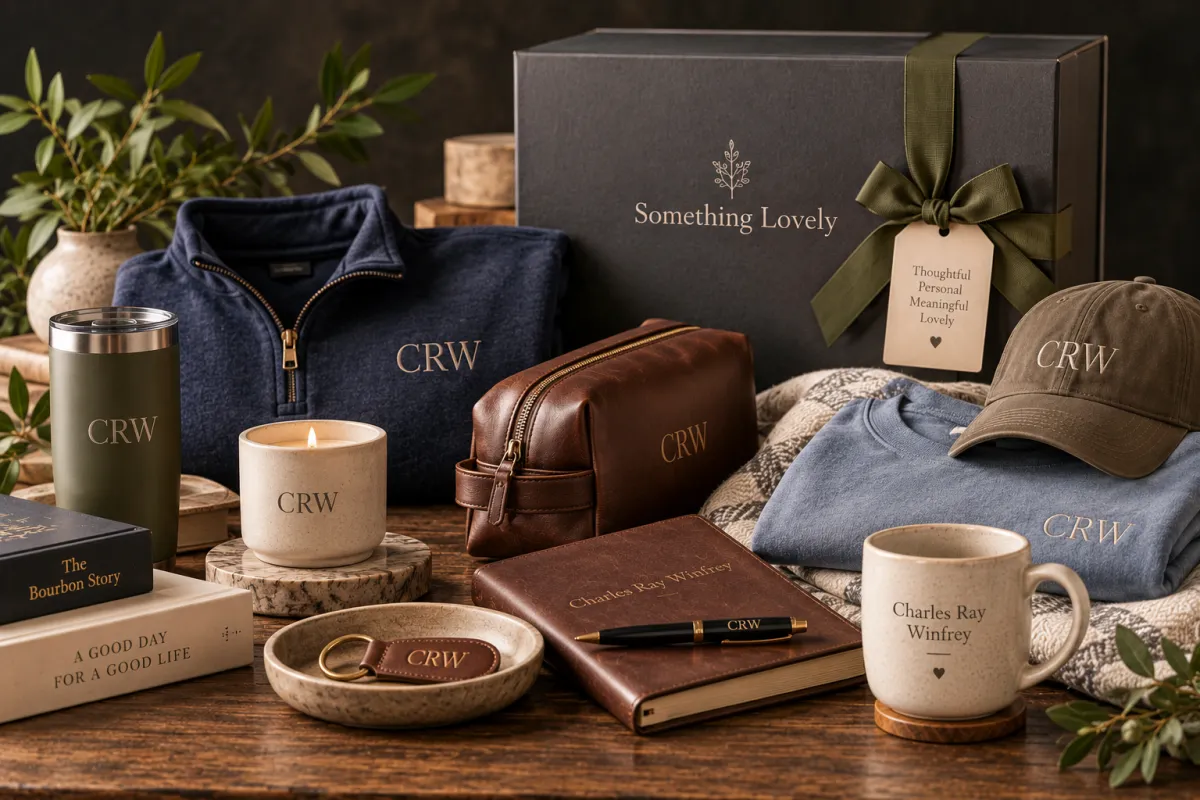 Curated assortment of personalized embroidered apparel, journal, keepsake piece, and Something Lovely packaging