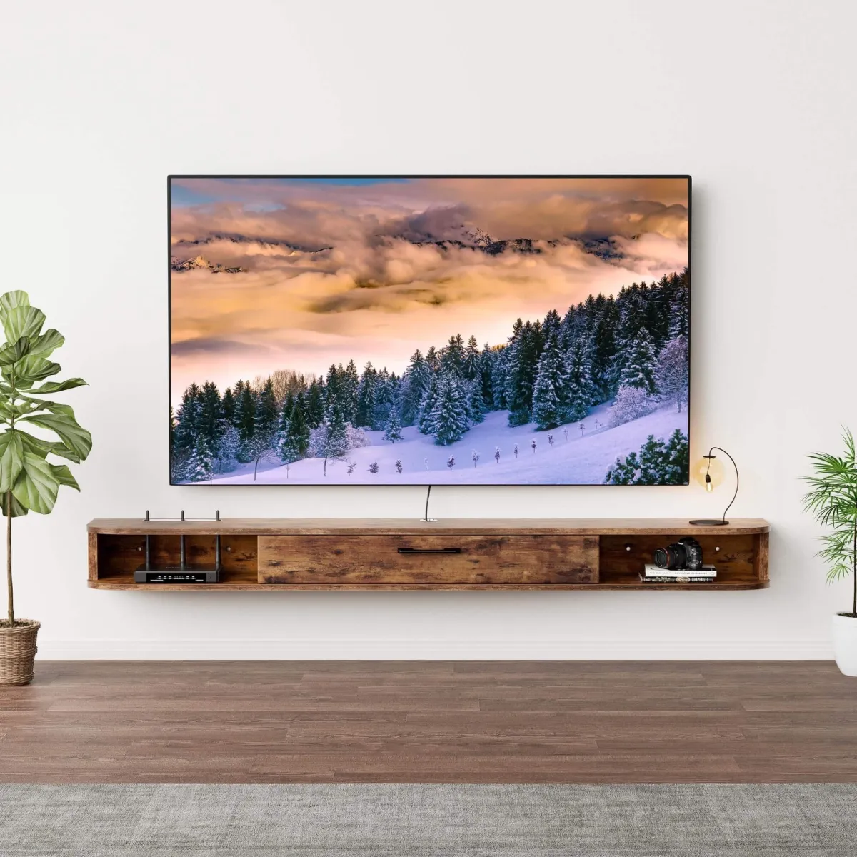 tv mounting with soundbar and floating v stand