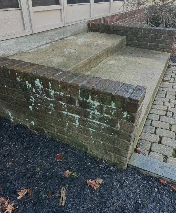 Brick stoop with mildew buildup before professional cleaning