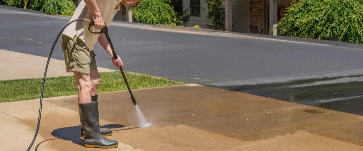Person pressure washing driveway — removing grime and stains from concrete using power washer.