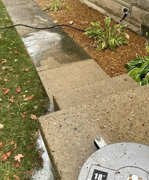 Concrete walkway showing clear contrast between cleaned and uncleaned areas after pressure washing.
