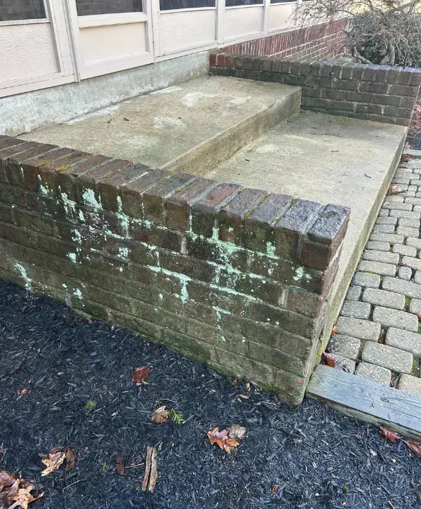 Brick porch wall and concrete steps covered in algae and mildew buildup before cleaning.