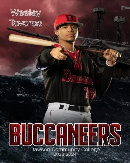 Wesley Taveras poses with a baseball bat wearing the Buccaneers uniform