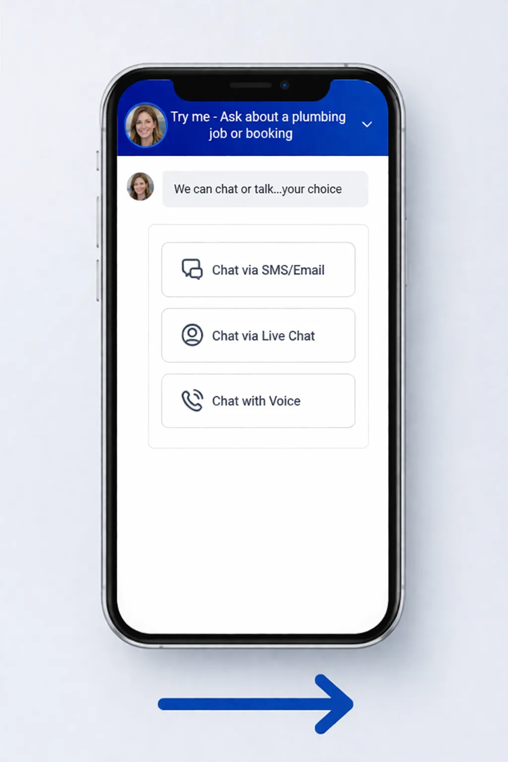 Mobile phone showing AI plumbing receptionist chat and voice interface