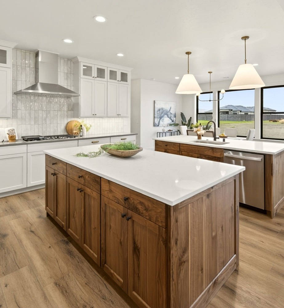 Semi-custom home design kitchen with double island in Tri-Cities WA
