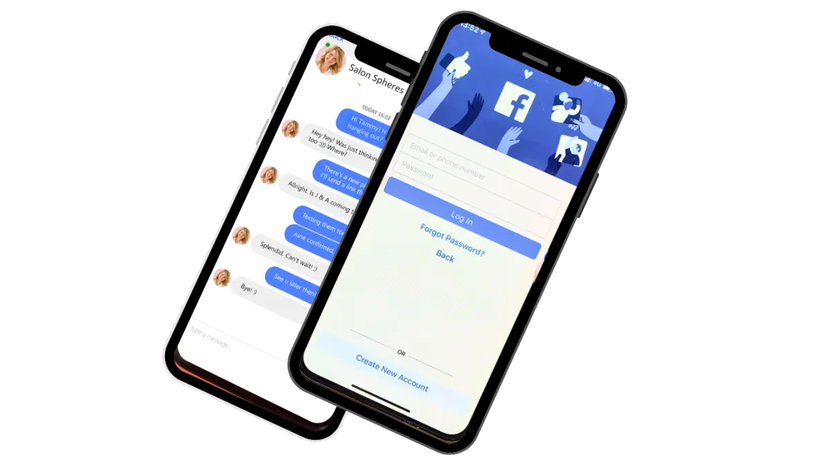 Two phones, one with a conversation, the other with the login page to Facebook