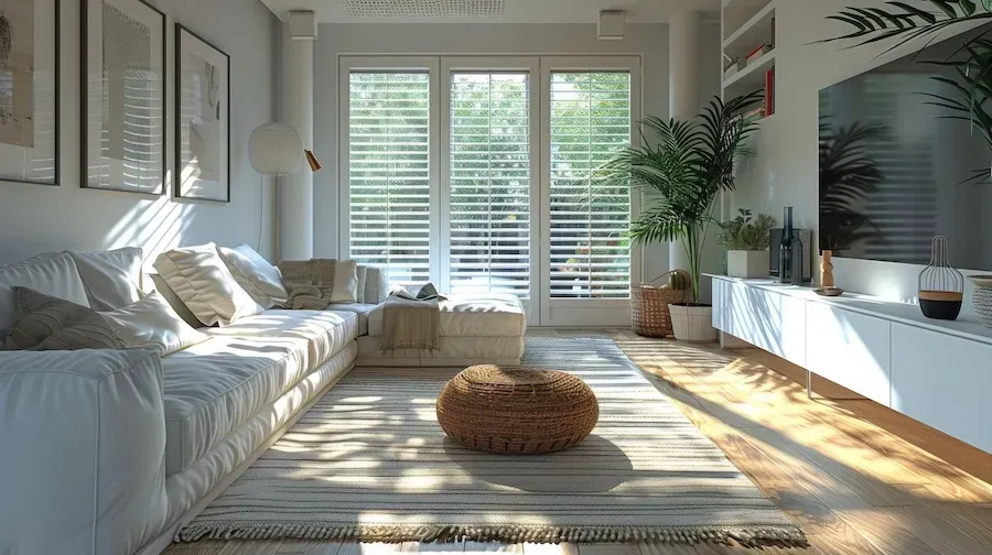 Custom plantation shutters installed in a bright Calgary living room by Scenic Shutters