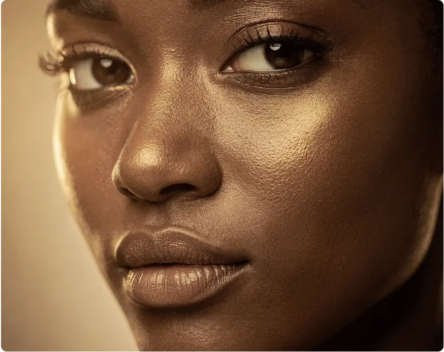 Young Black woman with deep brown skin and a clear, glowing complexion in warm golden lighting - representing Clear Glow Protocol results"