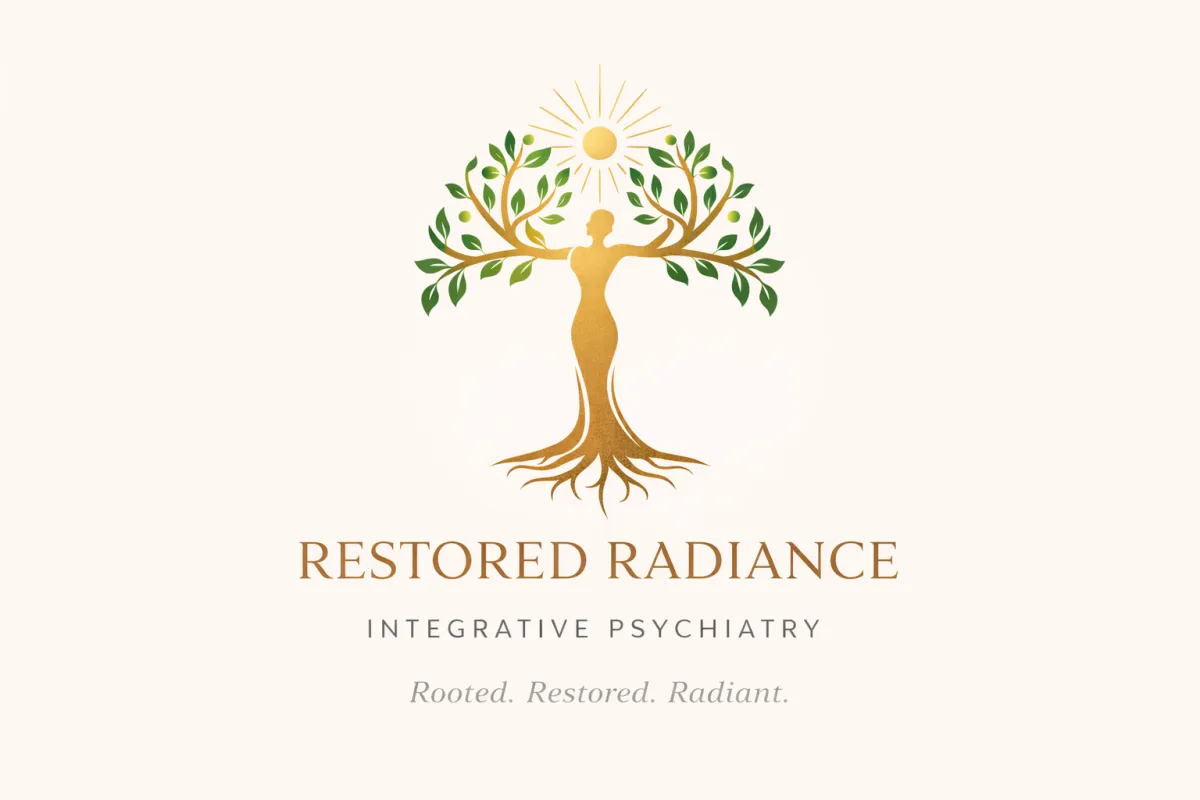 Brand logo of woman emerging from a tree. Restored Radiance Integrative Psychiatry Rooted. Restored. Radiant