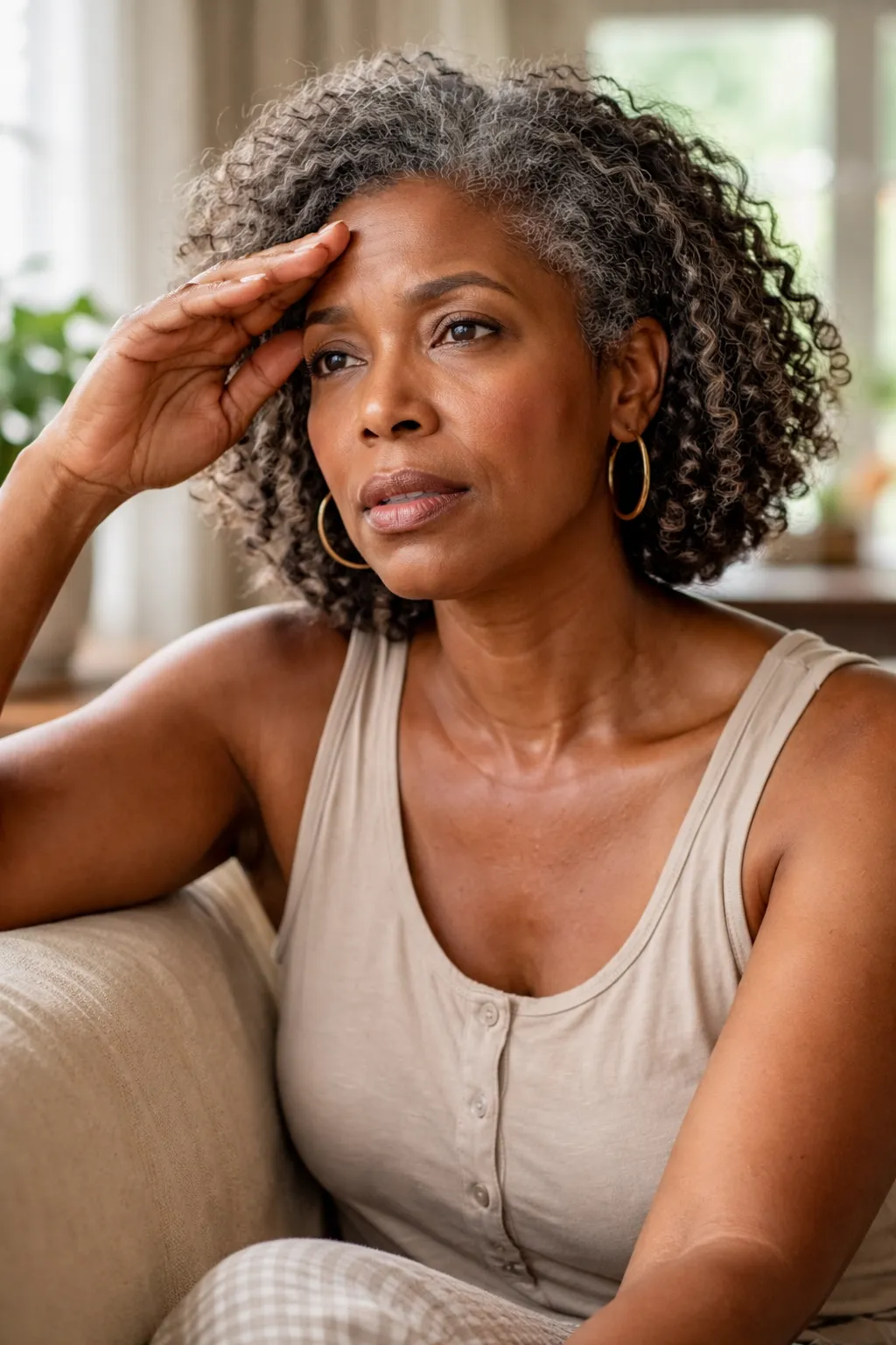 A Black woman in midlife with natural gray hair sits in a sunlit room, her hand raised to her forehead, looking thoughtfully to one side