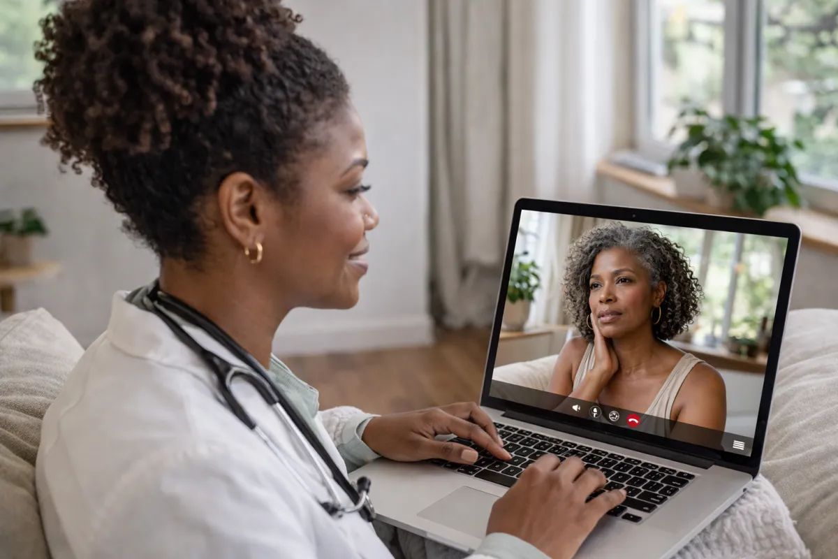 A Black female provider conducts an integrative Rooted and Restored consultation via telehealth with a patient who has natural gray hair