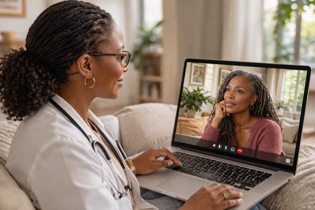 A Black female psychiatric provider with locs and glasses reviews a patient's progress during a virtual follow-up medication management appointment