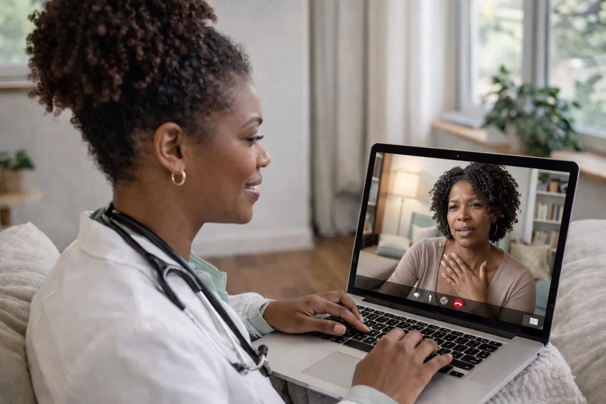 A Black female psychiatrist in a white lab coat conducts a virtual evaluation with a patient via laptop, representing accessible telehealth psychiatric care