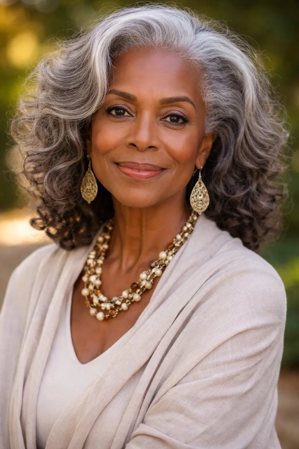 Mature Black woman with natural silver hair and glowing medium-dark skin smiling confidently - representing Glowing Grace Protocol anti-aging results