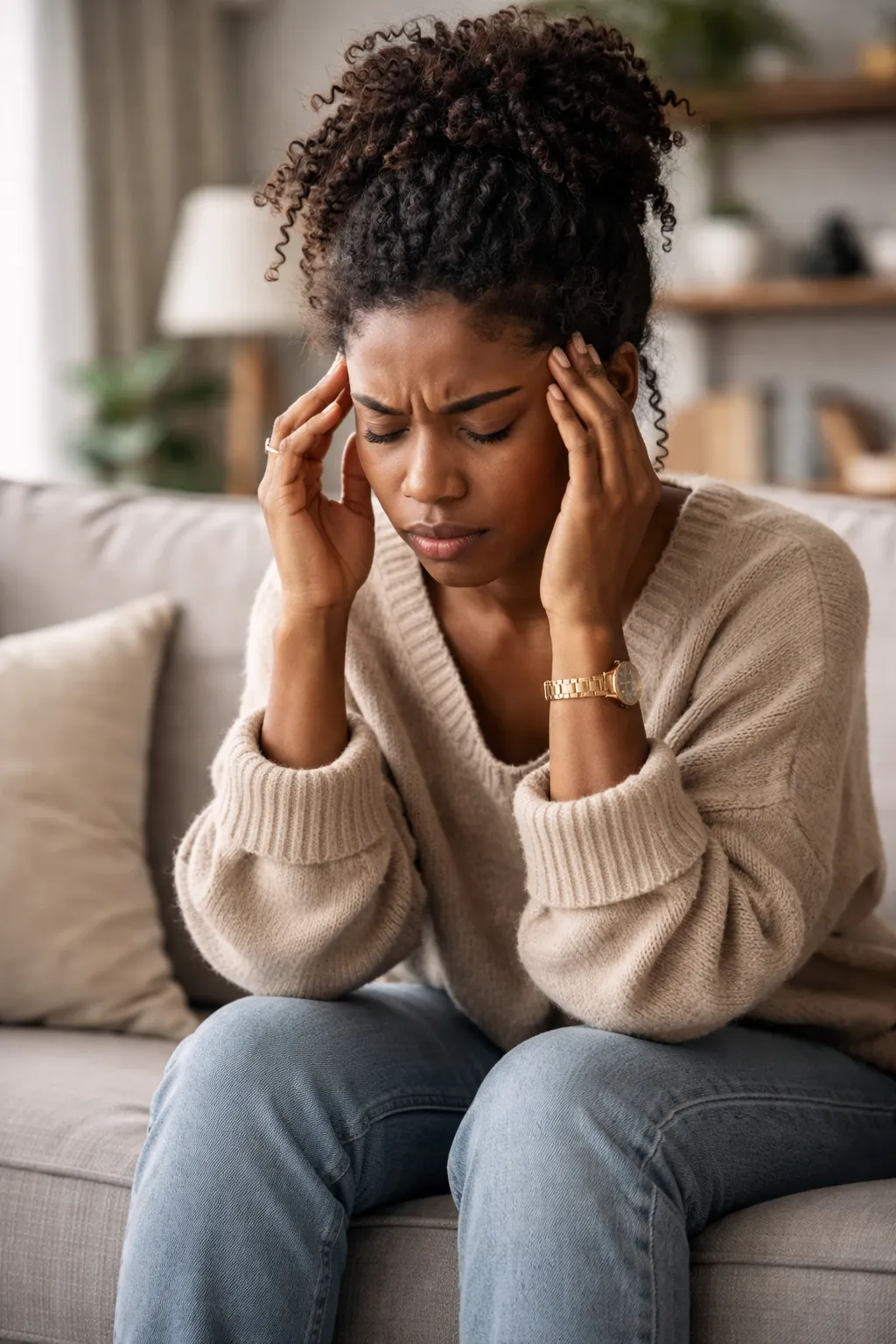 A Black woman sits on a couch holding her head in her hands, eyes closed, expressing stress and overwhelm