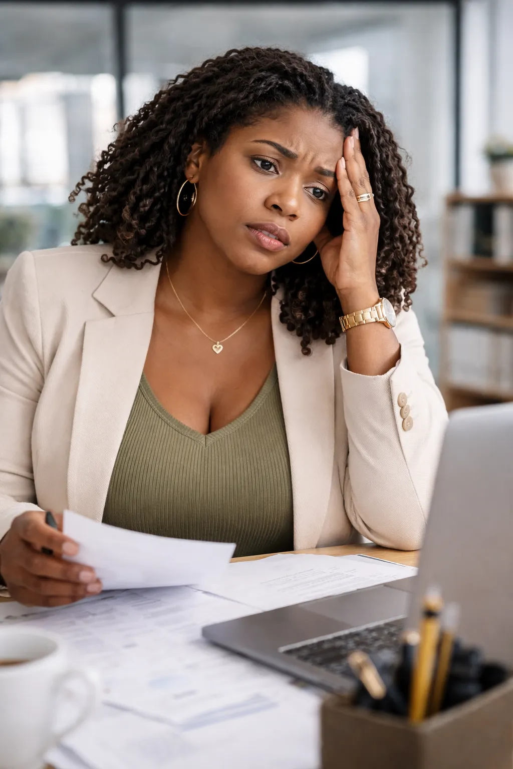 A professional Black woman sits at her desk with a laptop, pressing her hand to her temple with a stressed expression