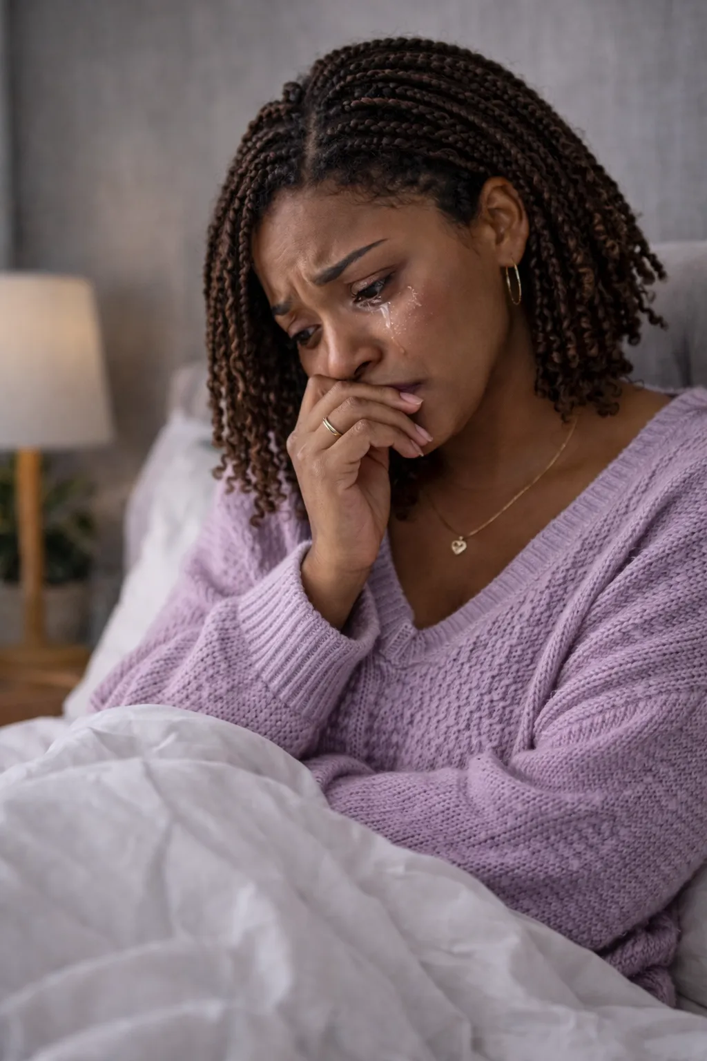 A Black woman with braided hair sits in bed wrapped in white bedding, a tear on her cheek, expressing deep emotional exhaustion