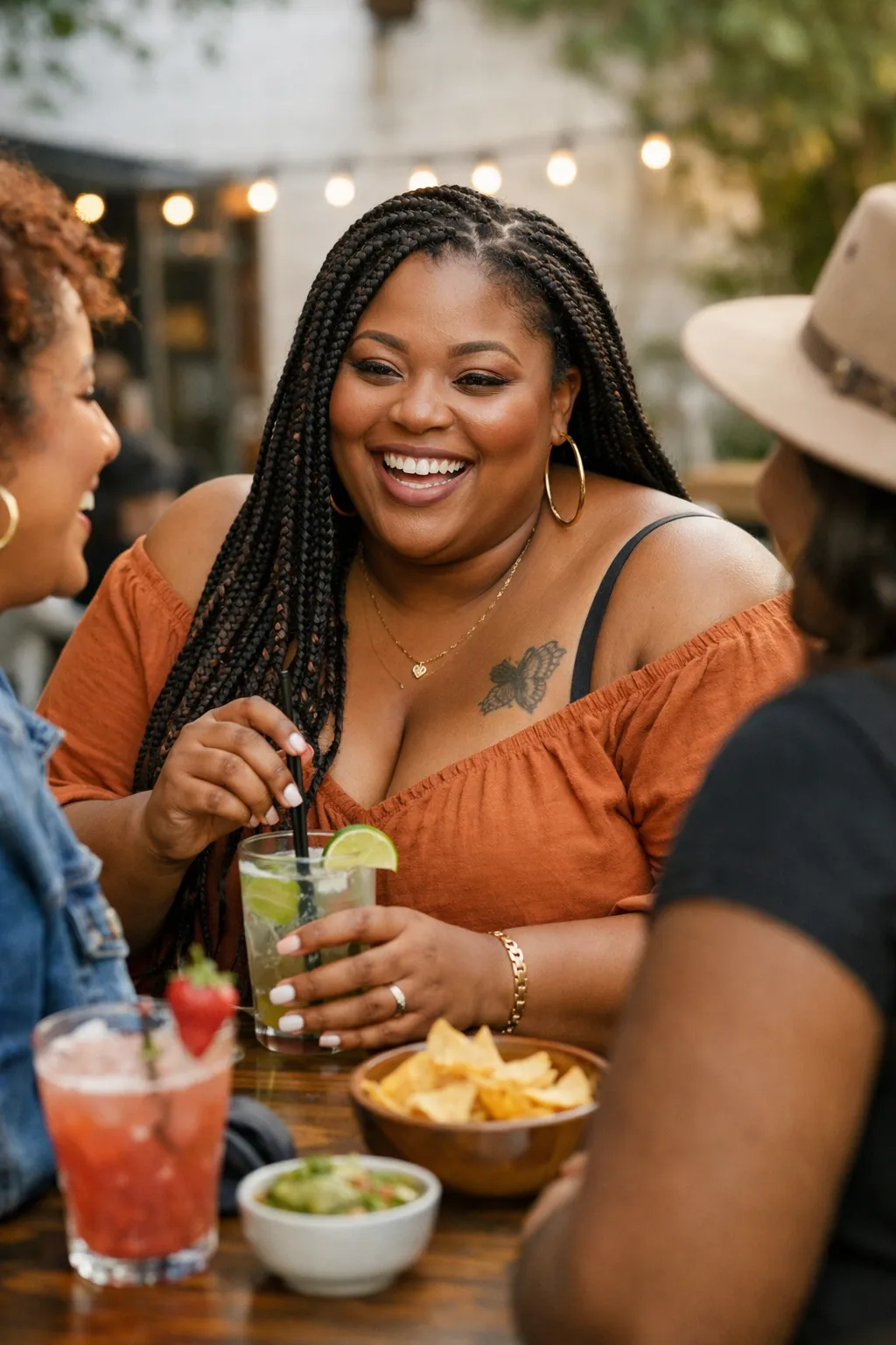 A group of Black women laugh and celebrate together at an outdoor dinner table with string lights, representing community, joy, and healing