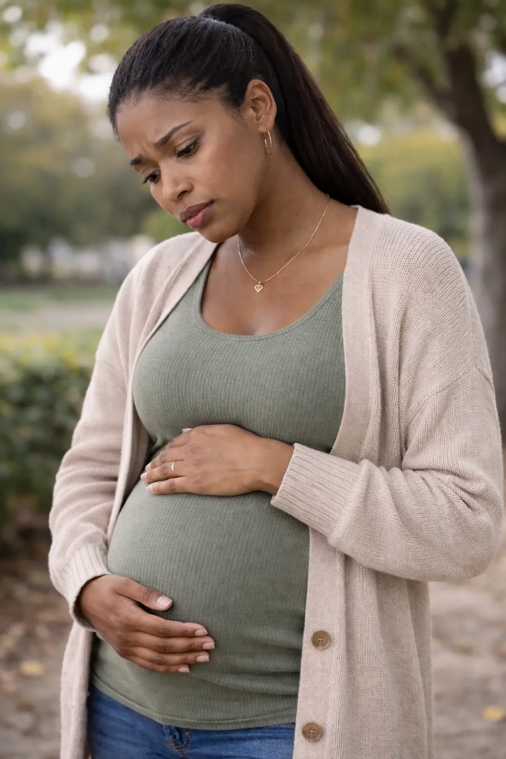 A pregnant Black woman stands outdoors cradling her baby bump with both hands, her expression pensive and reflective