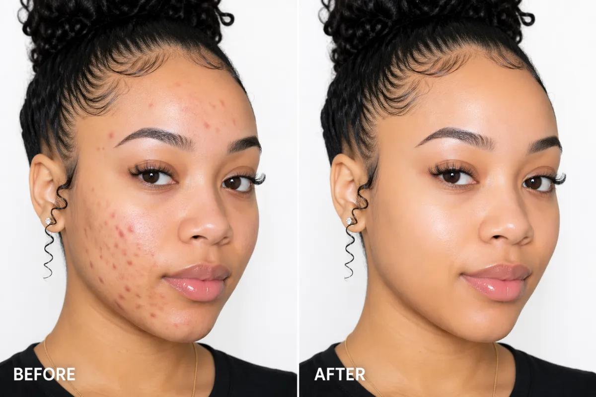 Before and after acne treatment results on African American woman with fair skin, showing acne-prone skin transformed into clear, smooth, glowing complexion on white background