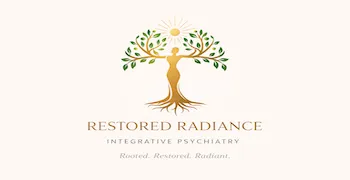 Brand logo of woman emerging from a tree. Restored Radiance Integrative Psychiatry Rooted. Restored. Radiant