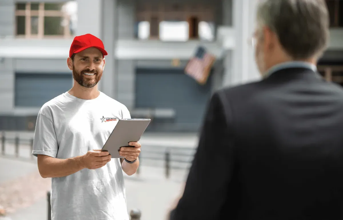 Clean Gutter Protection technician holding a clipboard, ready to provide a free estimate for gutter guard installation.