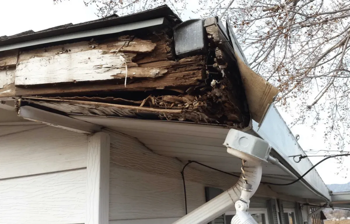 Damaged fascia board with rotting wood and broken gutter system, illustrating the impact of unprotected gutters on home fascia.