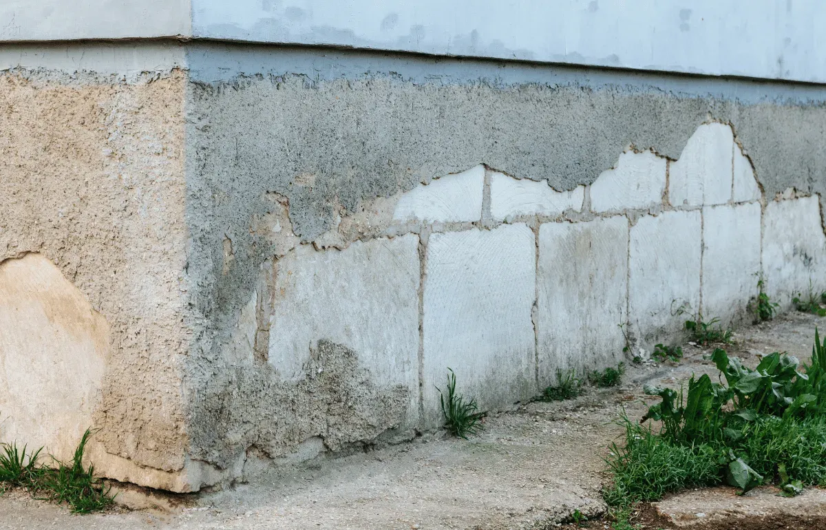 Cracked and crumbling home foundation, highlighting damage caused by water runoff from poorly maintained gutters.