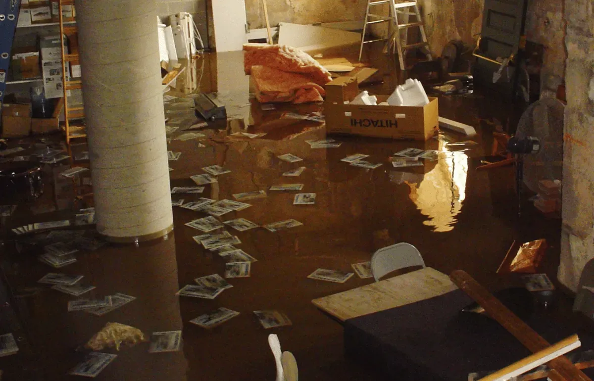 Flooded basement filled with water and damaged items, illustrating the result of overflowing gutters leading to basement flooding.