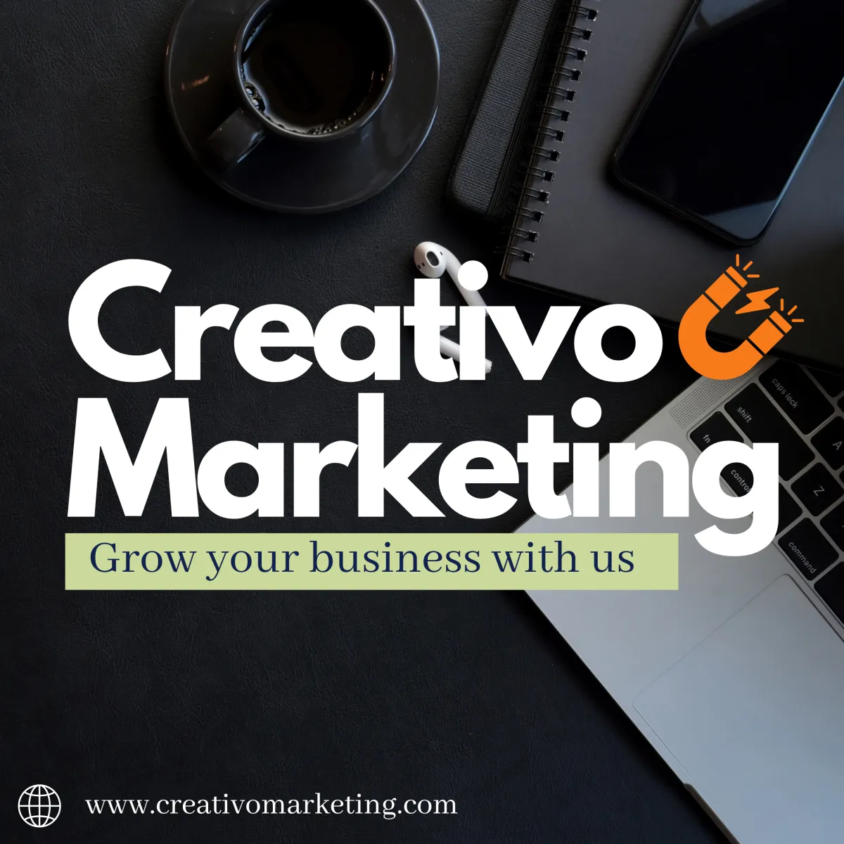 Creativo Marketing logo with magnet icon, laptop and notebook 