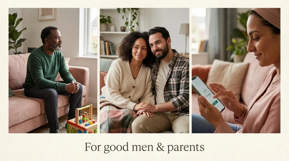 A purple abstract sculpture stands against a red background.