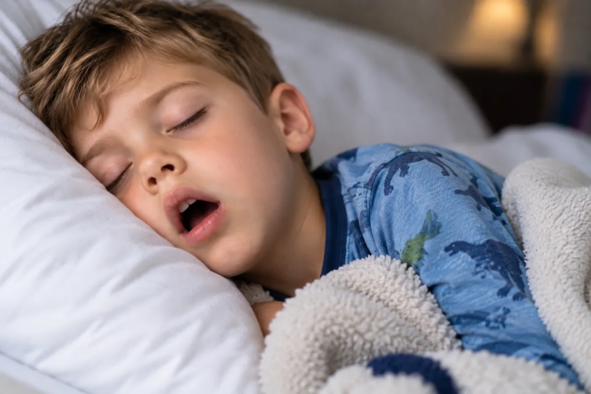 Young boy sleeping with his mouth open, a possible sign of sleep-disordered breathing