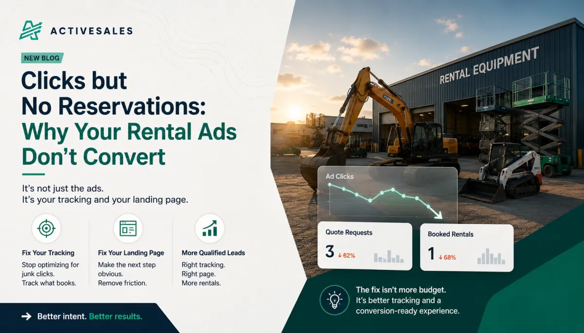 Heavy equipment rental yard with analytics showing low conversions despite ad clicks.